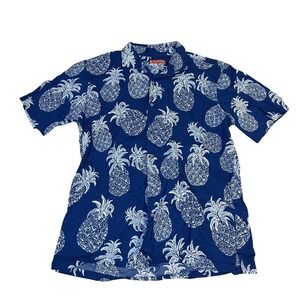 Tori Richard Mens Navy Blue Pineapple Print Seersucker Hawaiian Shirt Large L